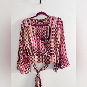 7TH AVENUE Geometric Abstract Surplice Bell Sleeve Blouse